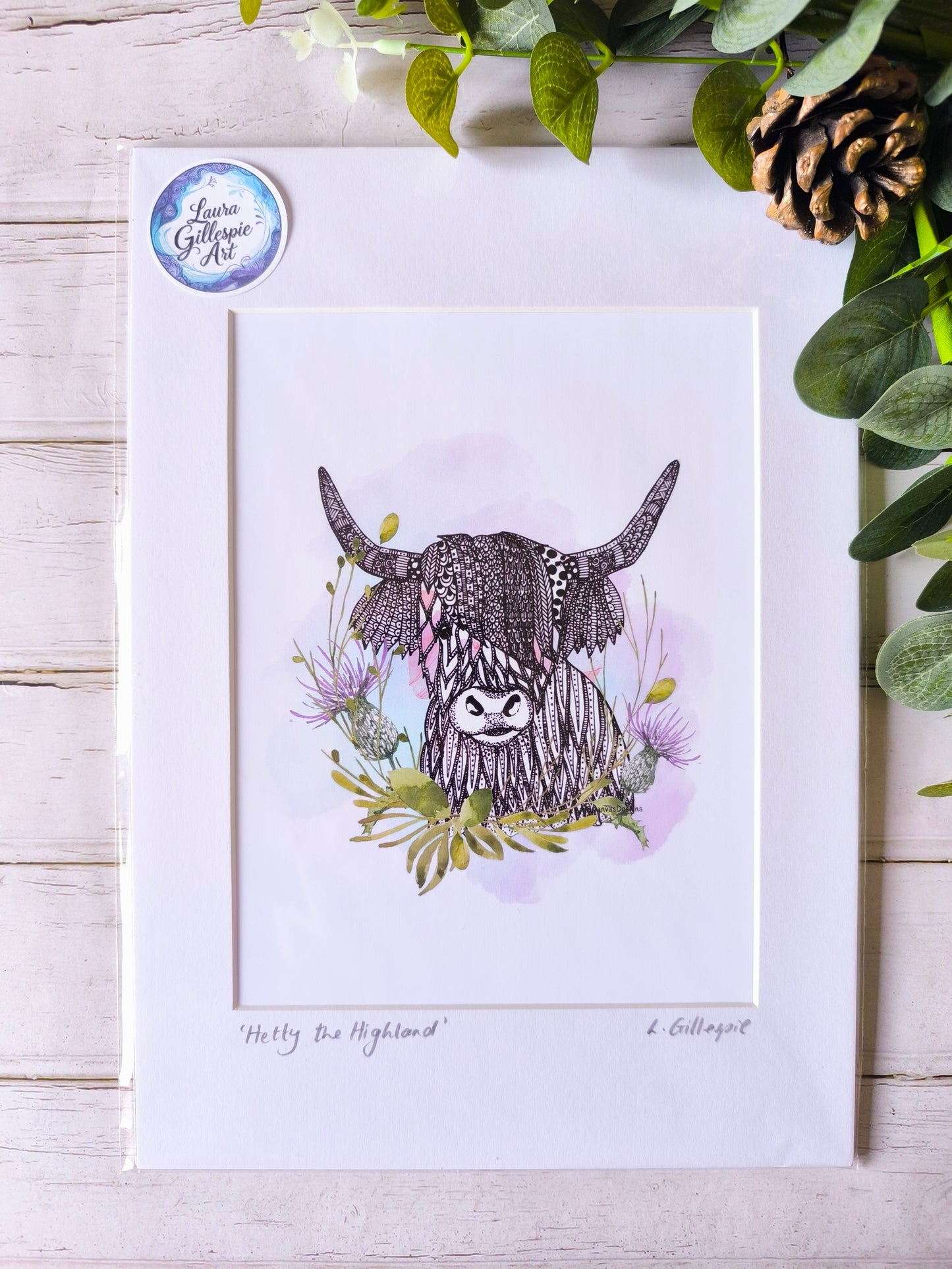 (c) 'Hetty the Highland Cow' - Hand Drawn Print in A4 Mount