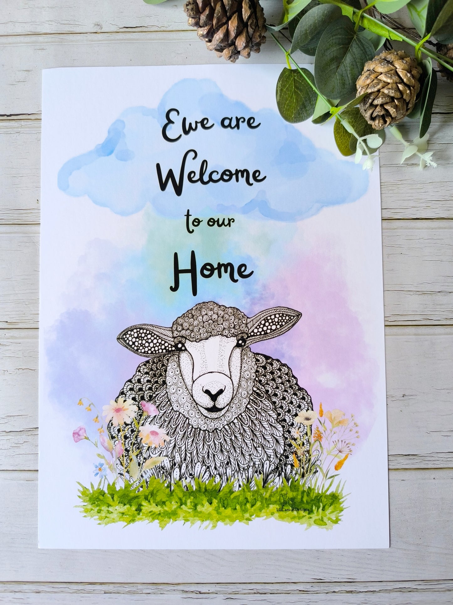 (e) 'Ewe are Welcome to our Home' Sheep A4 print