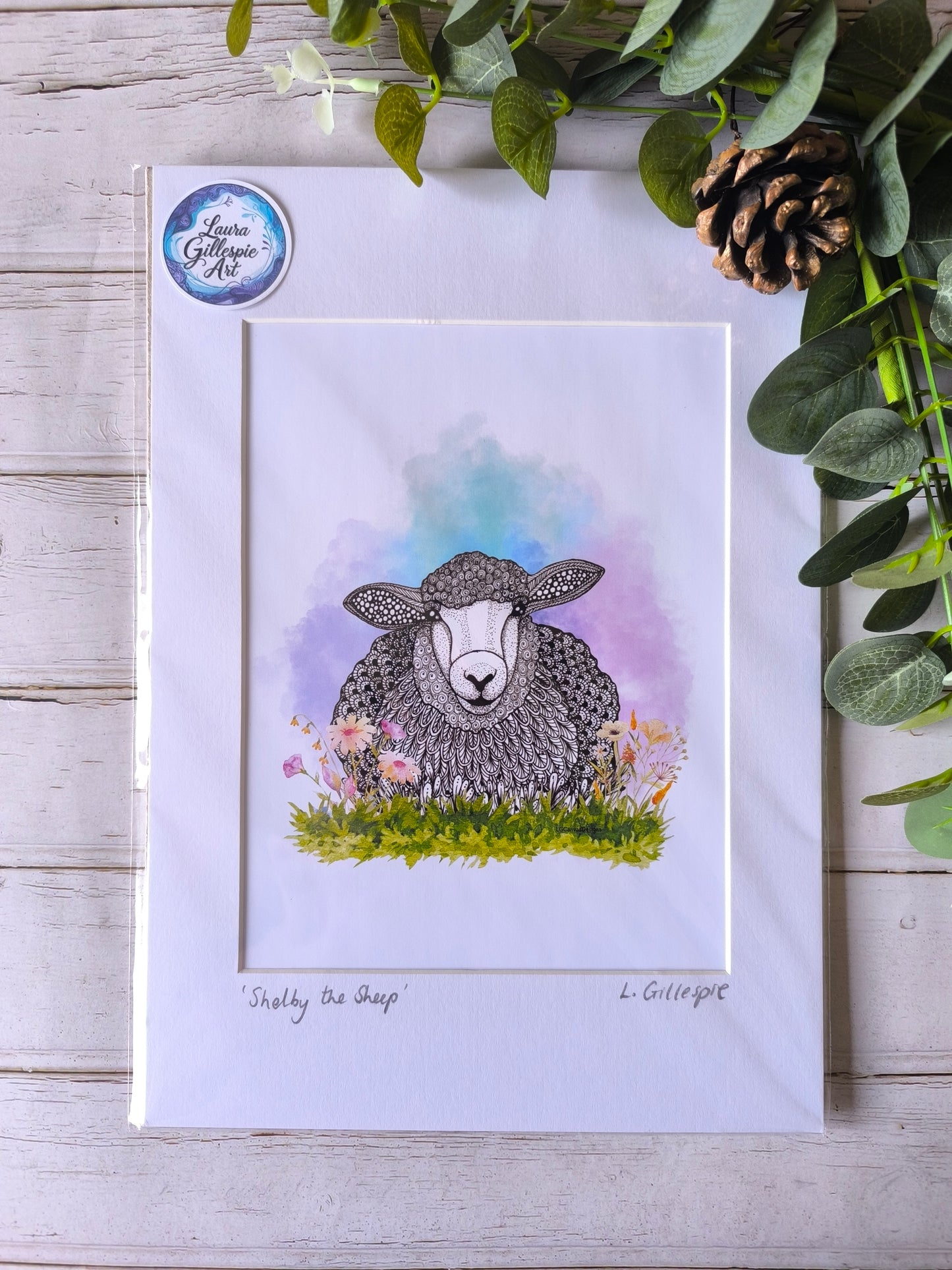(c) 'Shelby the Sheep' - Hand Drawn Print in A4 Mount