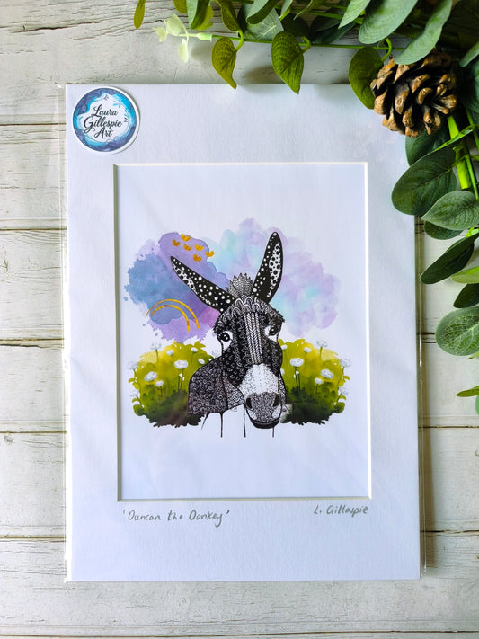 (c) 'Duncan the Donkey' - Hand Drawn Print in A4 Mount