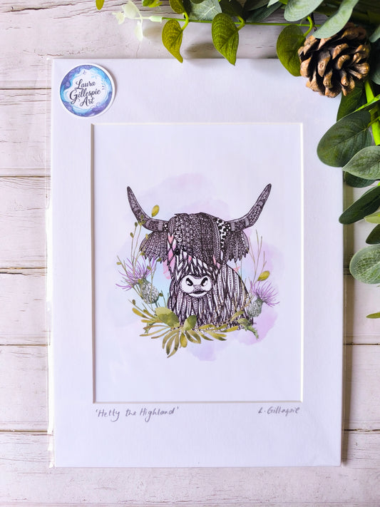 (c) 'Hetty the Highland Cow' - Hand Drawn Print in A4 Mount