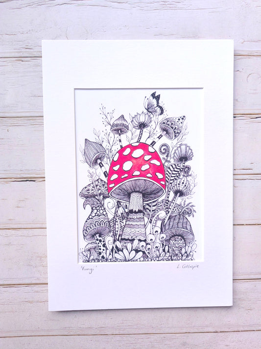 (c) 'Fungi' - Hand Drawn Print in A4 Mount