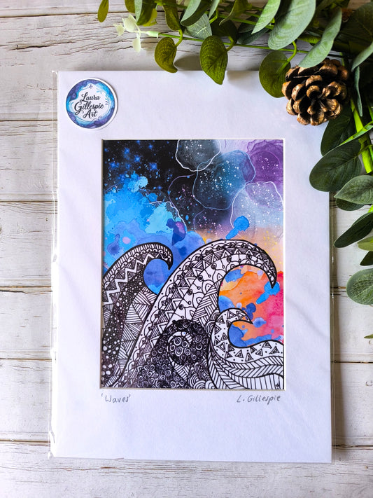 (c) 'Waves' - Hand Drawn Print in A4 Mount
